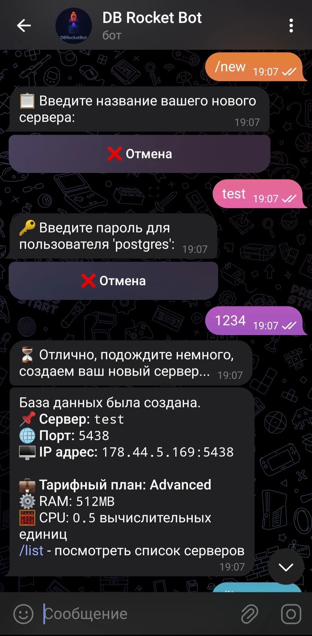 DB Rocket Bot — скриншот чата 1